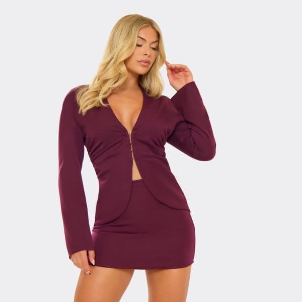 EGO Long Sleeve Cinched Waist Hook And Eye Detail Blazer In Burgundy Red, Women's Size UK 8 - 2