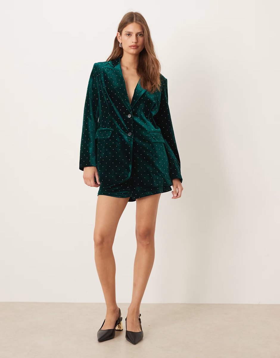 ASOS Never Fully Dressed embellished velvet blazer co-ord in emerald - 3