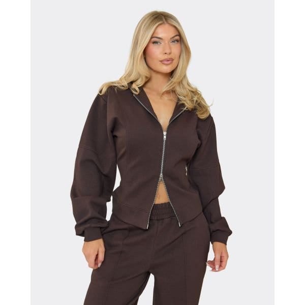 EGO Double Zip-Up Cinched Waist Seam Detail Hoodie In Chocolate Brown Interlock, Women's Size UK 6 - 2