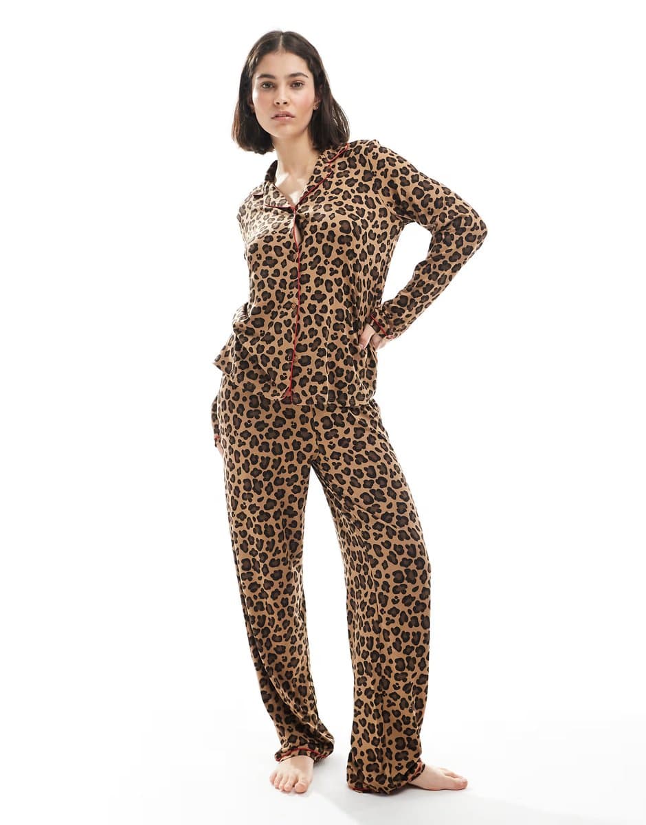 ASOS Urban Threads long sleeve revere and trouser pyjama set in leopard print