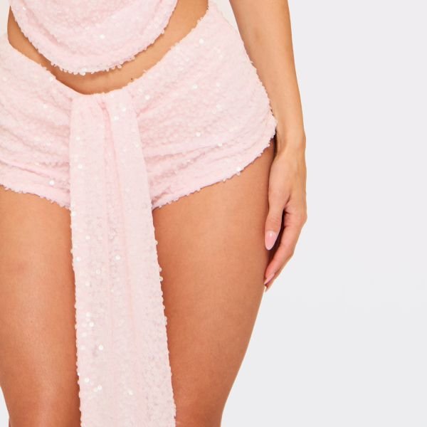 EGO Low Rise Drape Front Detail Hot Pants In Pink Sequin, Women's Size UK 8 - 2