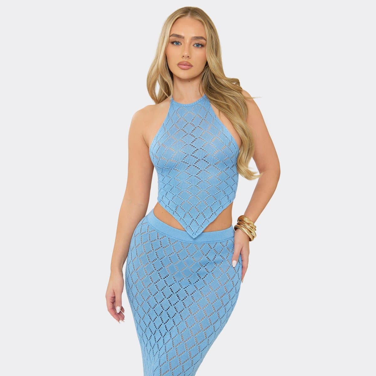 EGO Halterneck Tie Back Pointed Hem Top In Blue Crochet Knit, Women's Size UK L