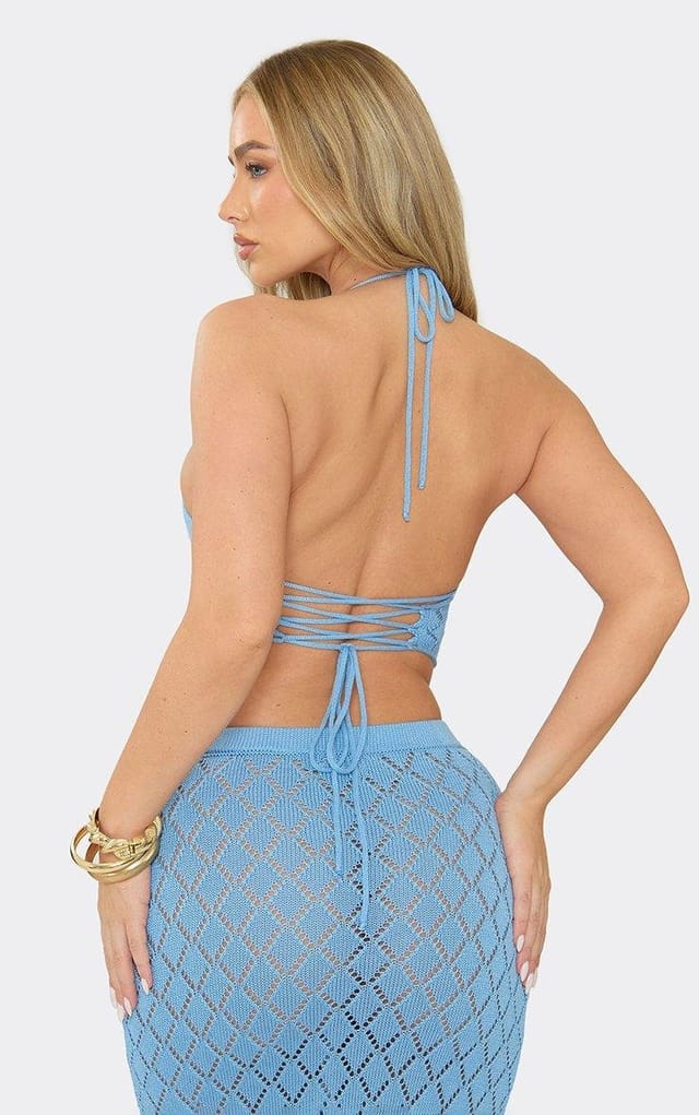 EGO Halterneck Tie Back Pointed Hem Top In Blue Crochet Knit, Women's Size UK L - 2