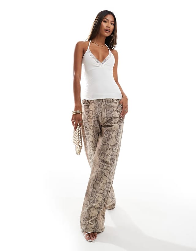 ASOS Fashionkilla slinky double layered wrap halterneck top with lace trim in off white - 3