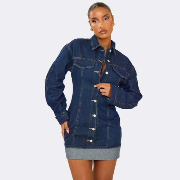 EGO Cinched Waist Button Down Turn Up Hem Detail Mini Dress In Indigo Blue Denim, Women's Size UK 6