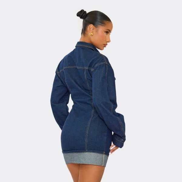 EGO Cinched Waist Button Down Turn Up Hem Detail Mini Dress In Indigo Blue Denim, Women's Size UK 6 - 2