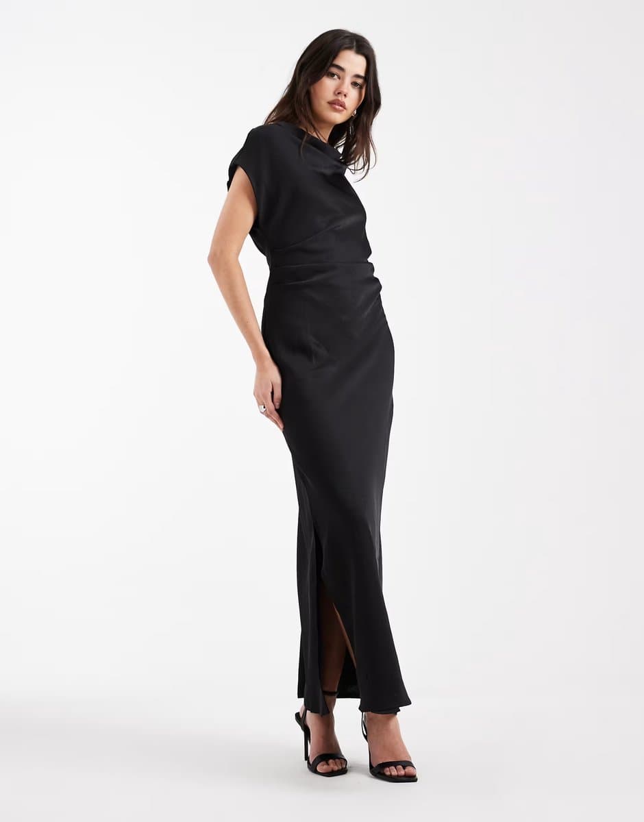 ASOS Vero Moda satin drape neck cap sleeve maxi dress in black