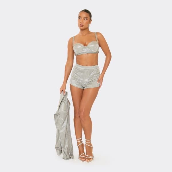 EGO High Waist Hot Pant Tailored Shorts In Silver Glitter, Women's Size UK 6 - 1