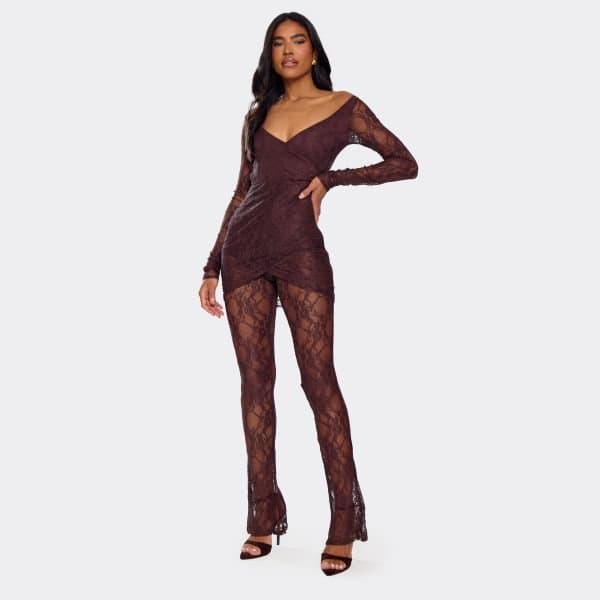 EGO Off The Shoulder Plunge Wrap Detail Jumpsuit In Chocolate Brown Lace, Women's Size UK 6
