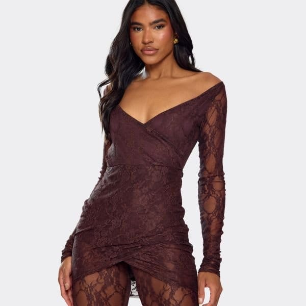EGO Off The Shoulder Plunge Wrap Detail Jumpsuit In Chocolate Brown Lace, Women's Size UK 6 - 2