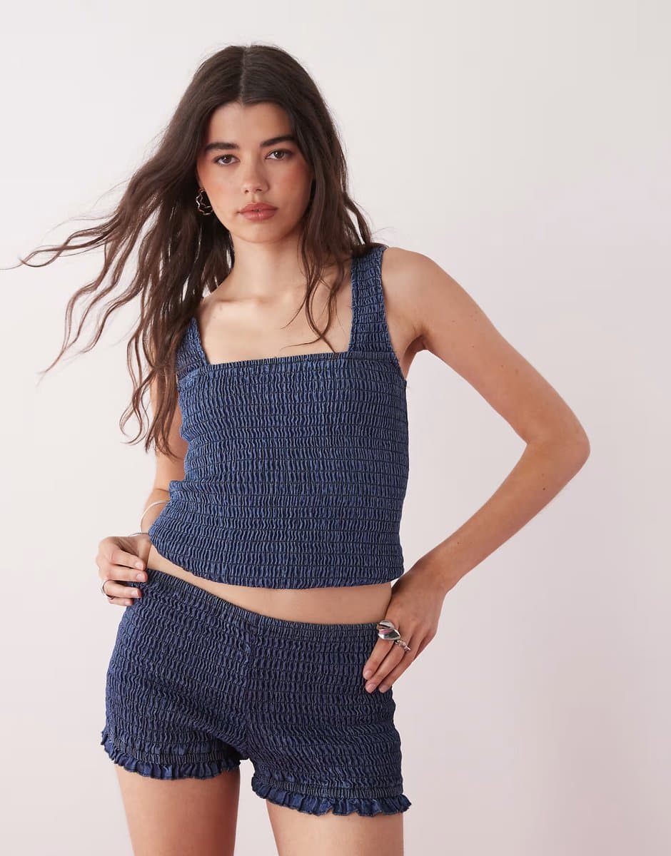 ASOS COLLUSION festival denim shirred co-ord booty shorts in blue 