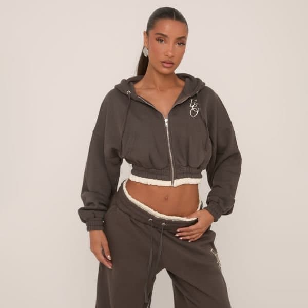 EGO EGO Graphic Contrast Hem Cropped Hoodie in Grey