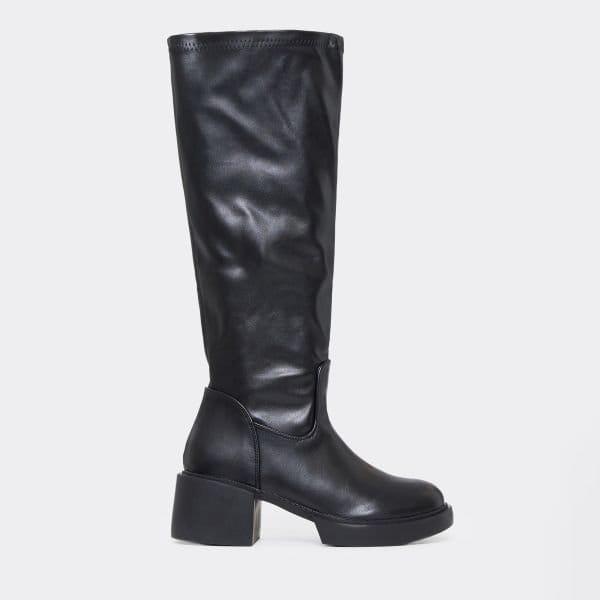 EGO Caesar Chunky Block Heel Knee High Long Boot In Black Faux Leather, Women's Size UK 3 - 2