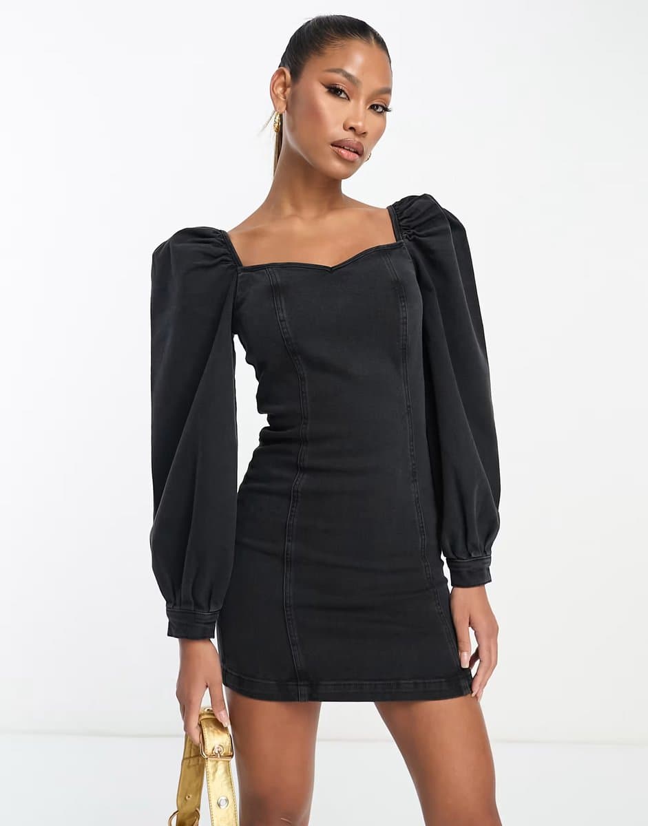 ASOS ASOS DESIGN denim mini dress with puff sleeve in washed black