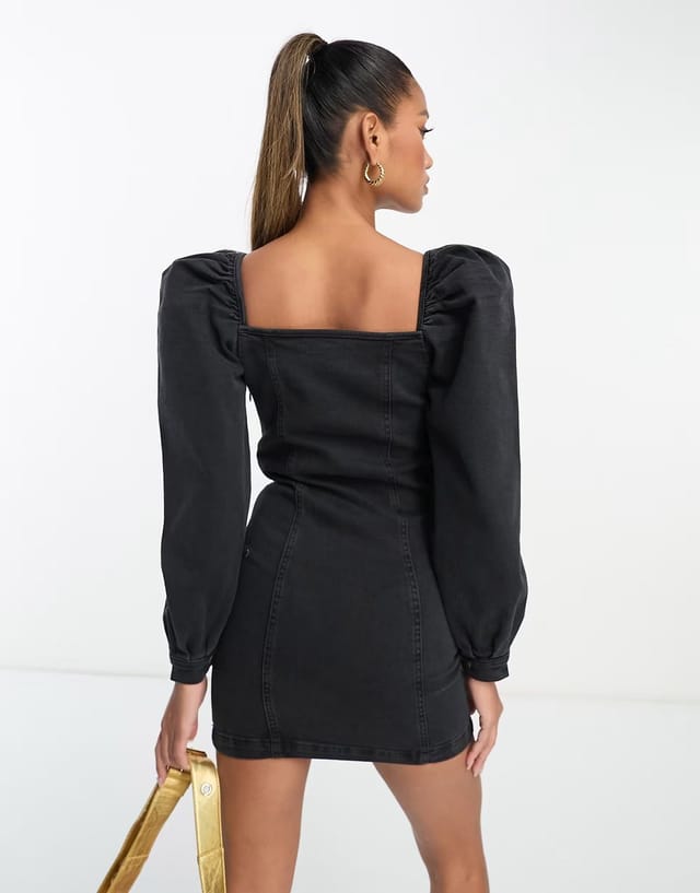 ASOS ASOS DESIGN denim mini dress with puff sleeve in washed black - 2