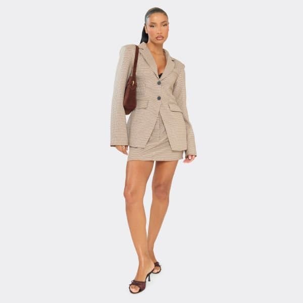 EGO Mid Rise Mini Skirt In Brown Check Woven, Women's Size UK 6