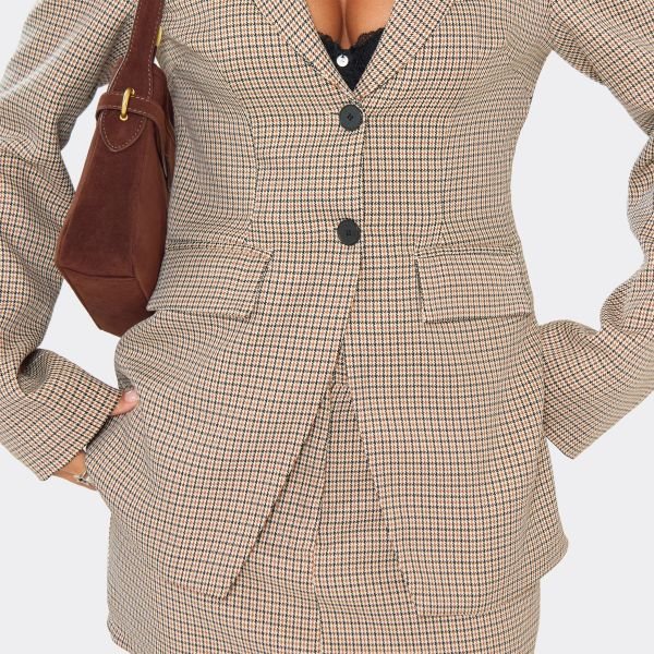 EGO Mid Rise Mini Skirt In Brown Check Woven, Women's Size UK 6 - 2