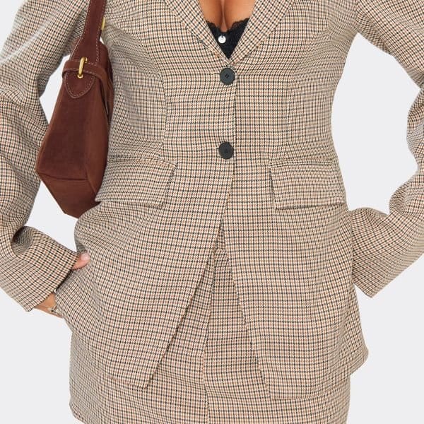 EGO Mid Rise Mini Skirt In Brown Check Woven, Women's Size UK 6 - 2