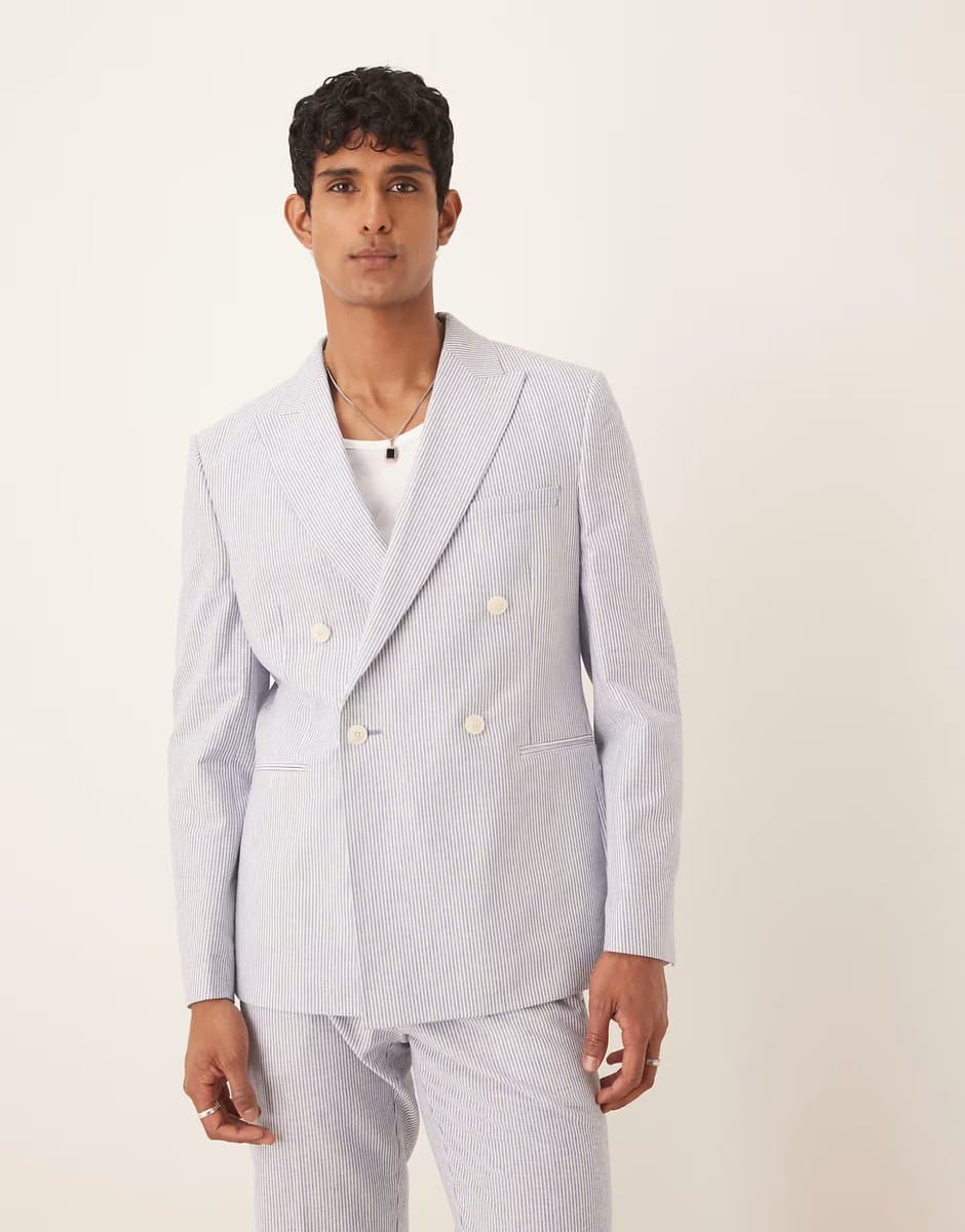 ASOS ASOS DESIGN linen mix slim suit jacket in blue pinstripe