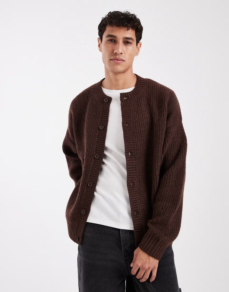 ASOS Jack & Jones crew neck cardigan in dark brown - 1