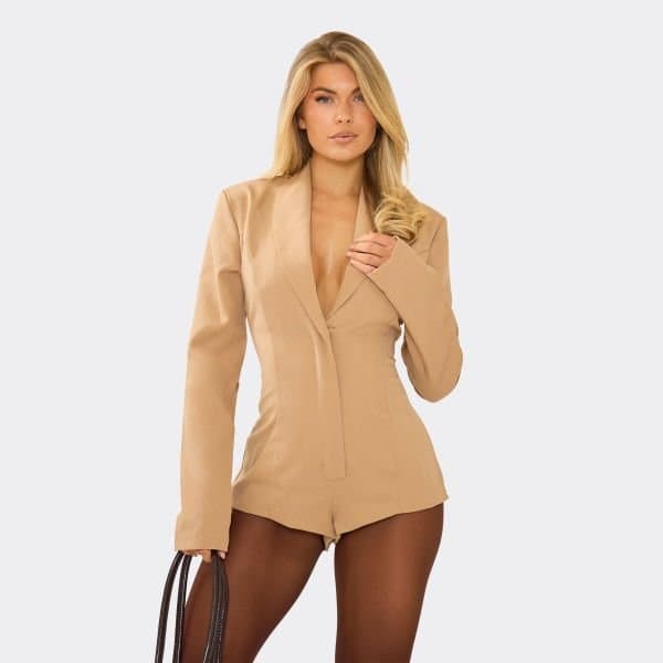 EGO Plunge Neck Detail Shoulder Pad Tailored Playsuit In Taupe, Women's Size UK 6