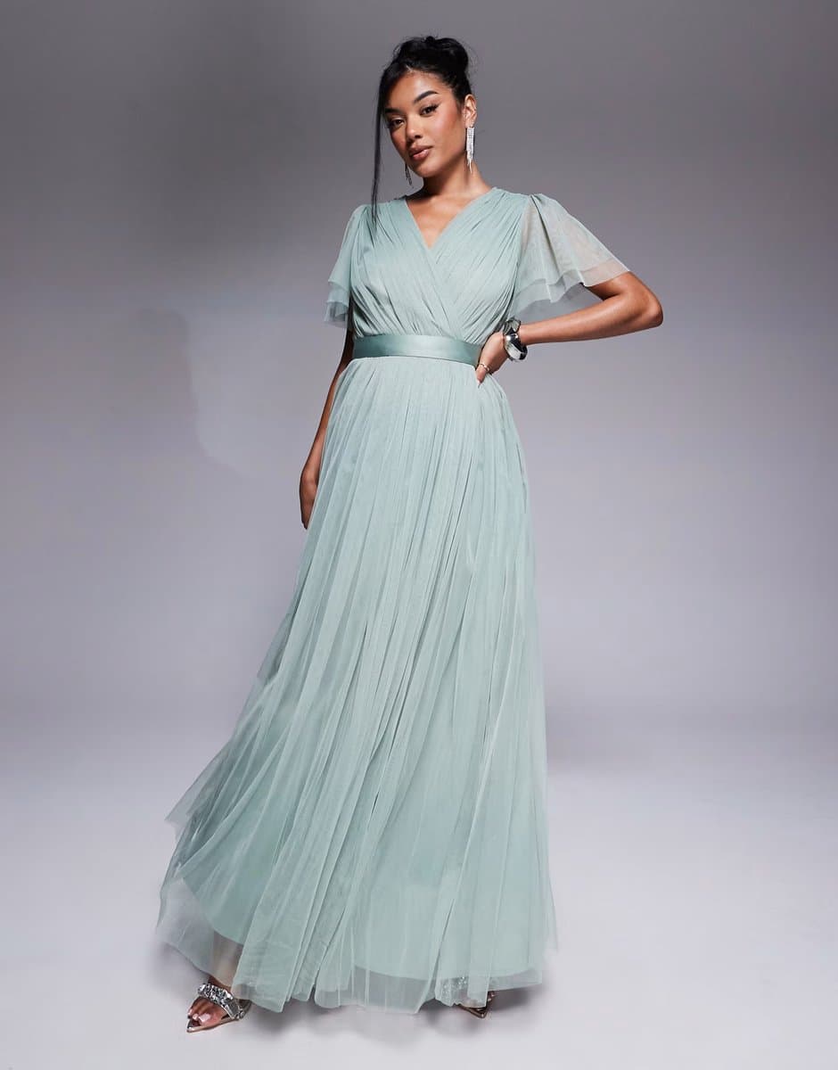 ASOS Anaya Faux wrap short sleeve bridesmaid maxi dress in frosty green