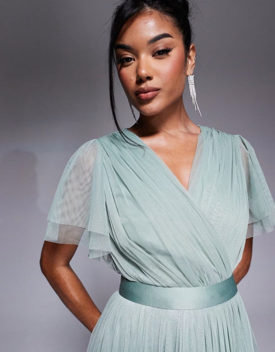 ASOS Anaya Faux wrap short sleeve bridesmaid maxi dress in frosty green - 4