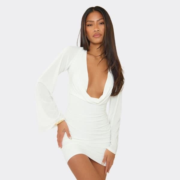 EGO Extreme Cowl Flared Sleeve Mini Dress In White Slinky, Women's Size UK 6