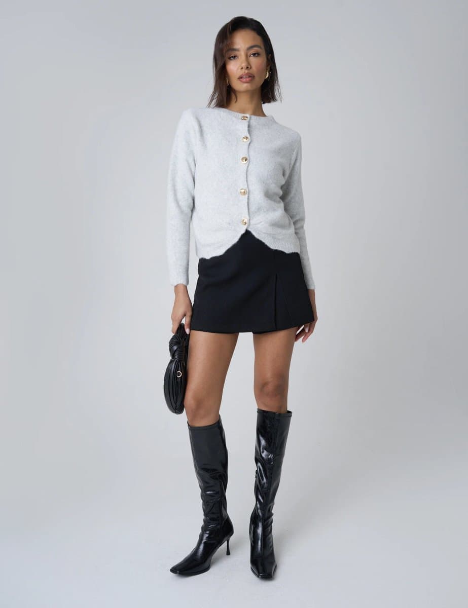 Public Desire Gold Button Detail Knit Cardigan Grey