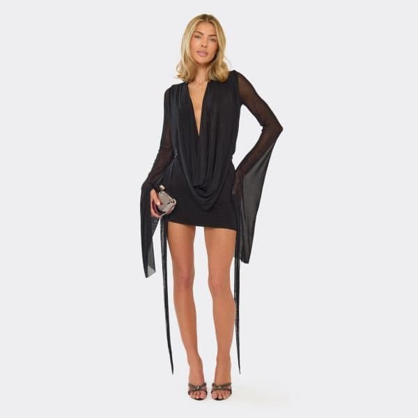 EGO Exaggerated Sleeve Cowl Neck Open Tie Back Detail Mini Dress In Black, Women's Size UK Large L