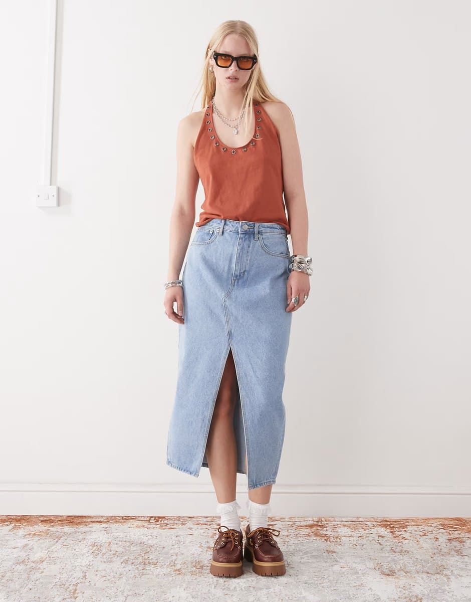 ASOS Obey Simplex denim midi skirt with front slit in light wash blue