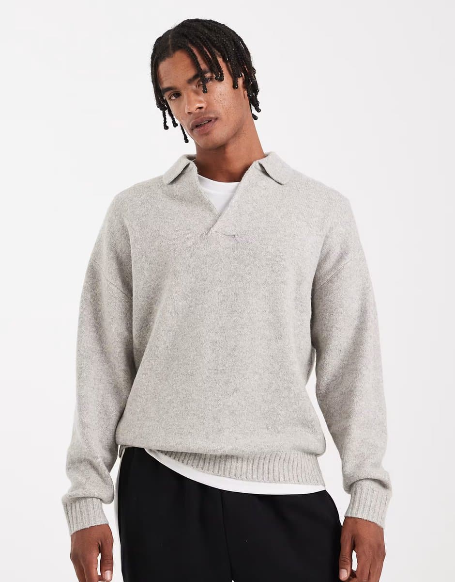 ASOS Jack & Jones boucle polo jumper in grey
