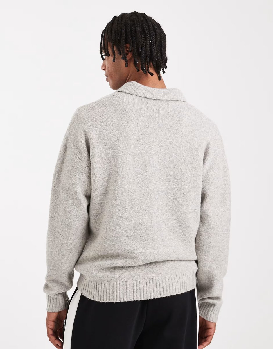 ASOS Jack & Jones boucle polo jumper in grey - 3