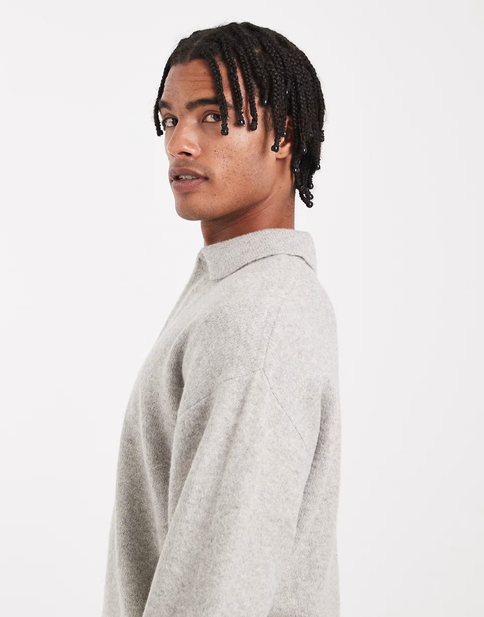 ASOS Jack & Jones boucle polo jumper in grey - 4