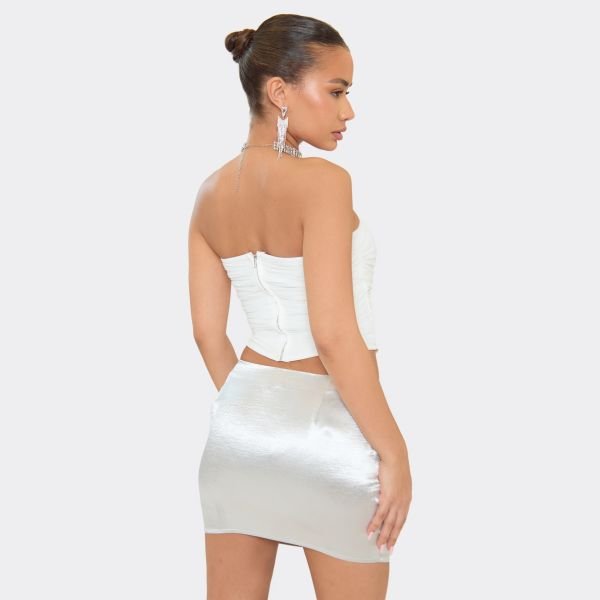EGO Bandeau Ruched Curved Hem Corset In White Mesh, Women's Size UK 6 - 2