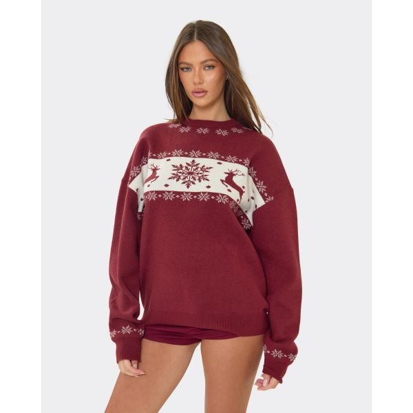 EGO Long Sleeve Contrast Reindeer Fairisle Graphic Detail Oversized Christmas Jumper In Burgundy Knit, Women's Size UK Medium M - 2
