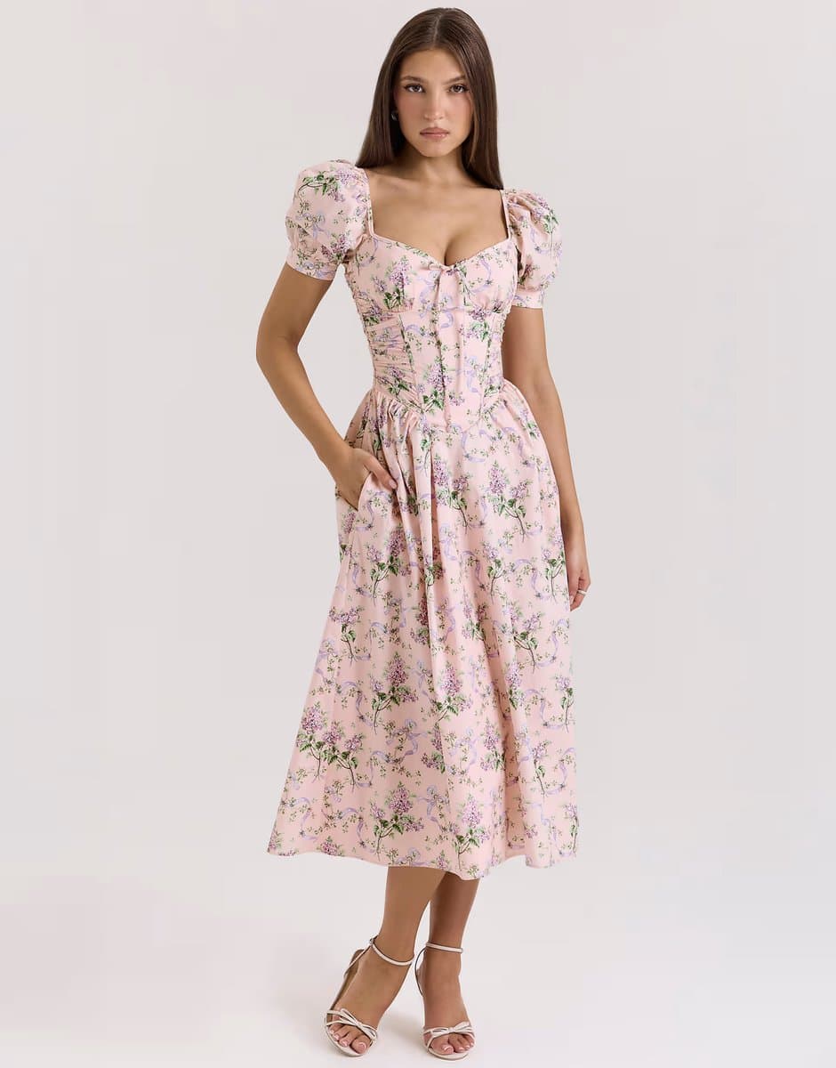 ASOS House of CB Lulabell print cotton midi dress in pink ribbon