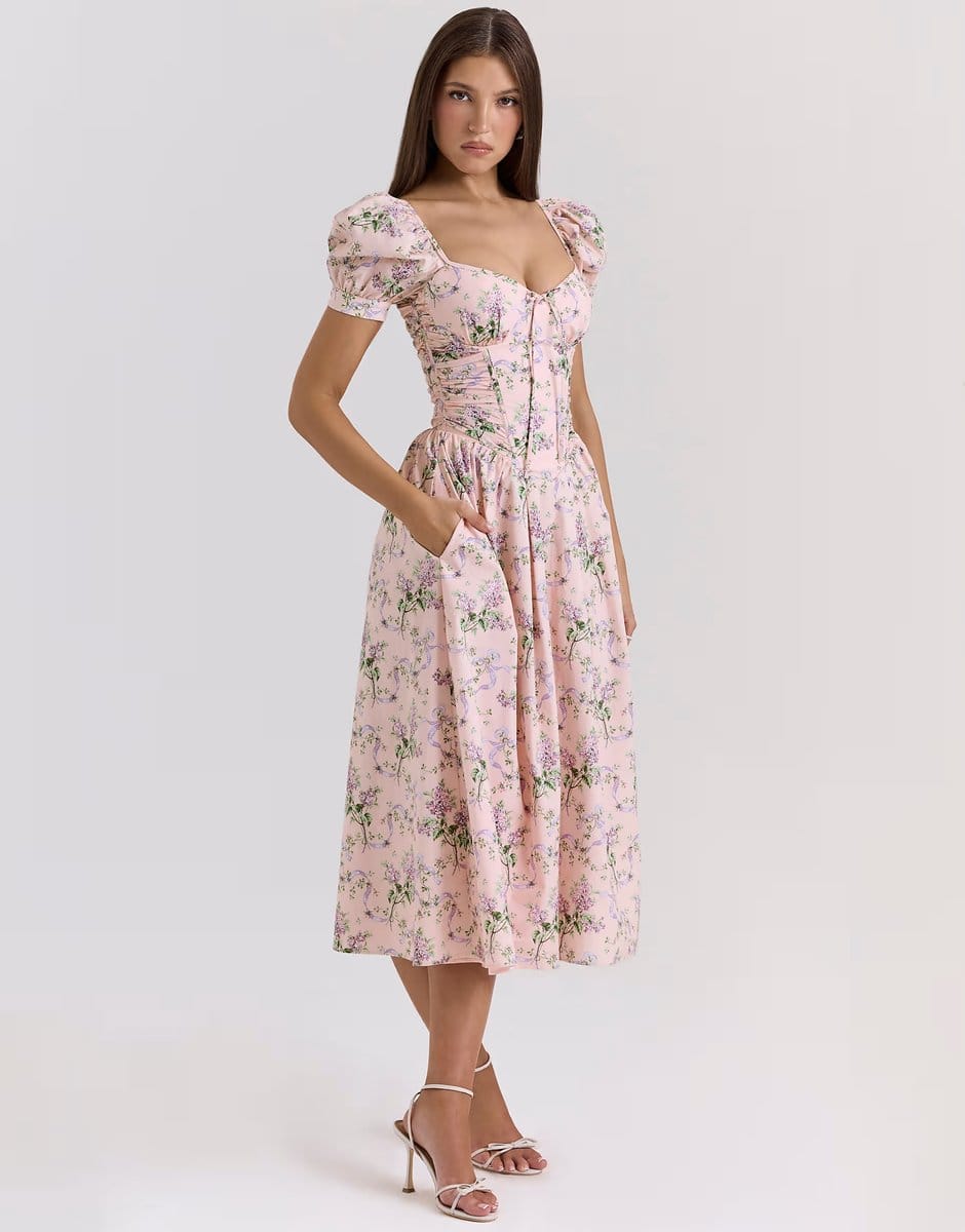 ASOS House of CB Lulabell print cotton midi dress in pink ribbon - 4