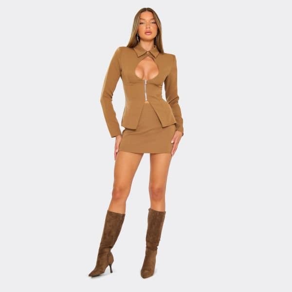 EGO Mid Waist Tailored Mini Skirt In Camel Brown, Women's Size UK 6
