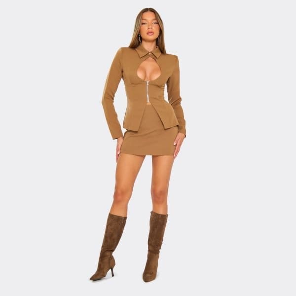 EGO Mid Waist Tailored Mini Skirt In Camel Brown, Women's Size UK 6 - 1