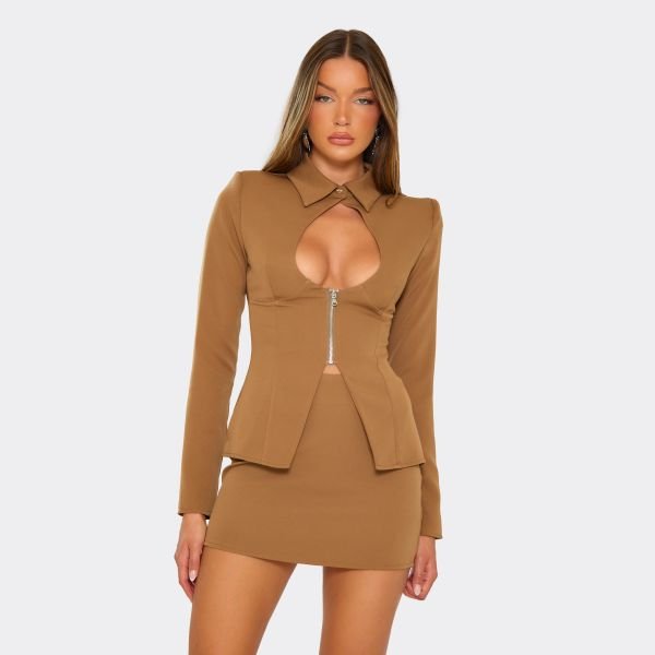 EGO Mid Waist Tailored Mini Skirt In Camel Brown, Women's Size UK 6 - 2