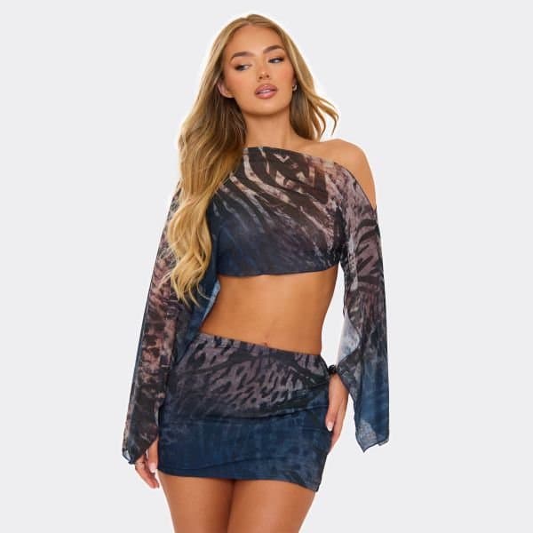 EGO Asymmetric Off The Shoulder Top In Black Multi Animal Print, Women's Size UK 6