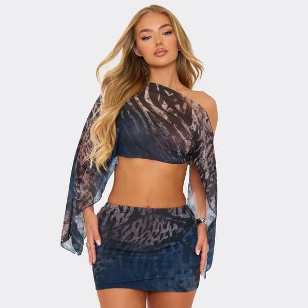 EGO Asymmetric Off The Shoulder Top In Black Multi Animal Print, Women's Size UK 6 - 2