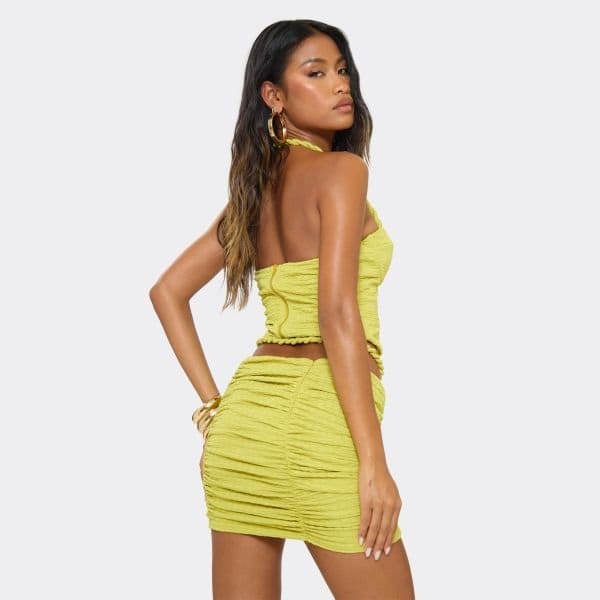 EGO Mid Rise Rope Detail Ruched Mini Skirt In Green Texture, Women's Size UK 6 - 2