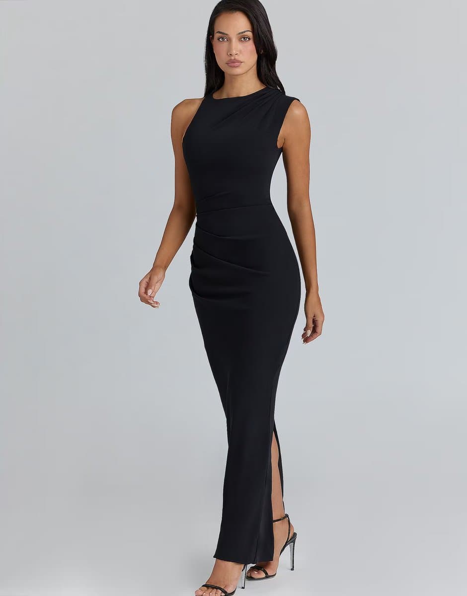 ASOS House of CB Keoni asymmetric draped maxi dress in black - BLACK