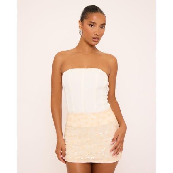 EGO Mid Rise Micro Mini Skirt In Cream Floral Sequin, Women's Size UK 8 - 2