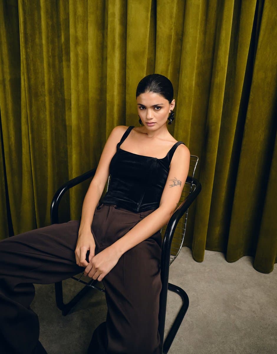 ASOS The Frolic exclusive velvet square neck top co-ord in black