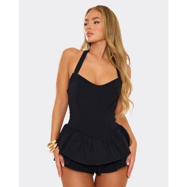 EGO Halterneck Frill Hem Detail Playsuit In Black, Women's Size UK 4 - 2