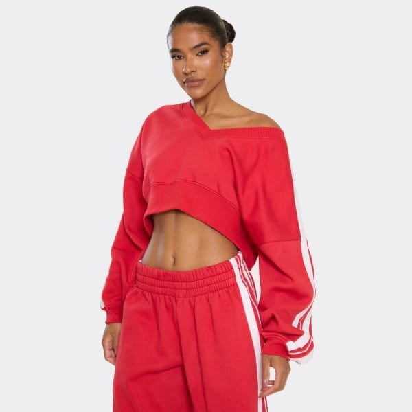 EGO V Neck Long Sleeve Stripe Detail Cropped Sweatshirt In Red, Women's Size UK 6 - 1