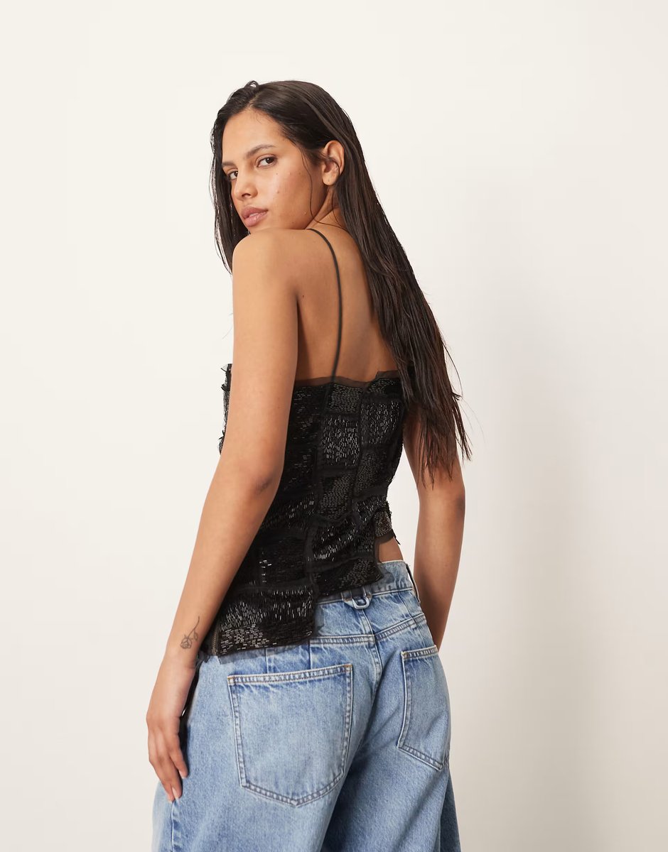 ASOS ARRANGE embellished asymmetric top with raw edge in black - 4